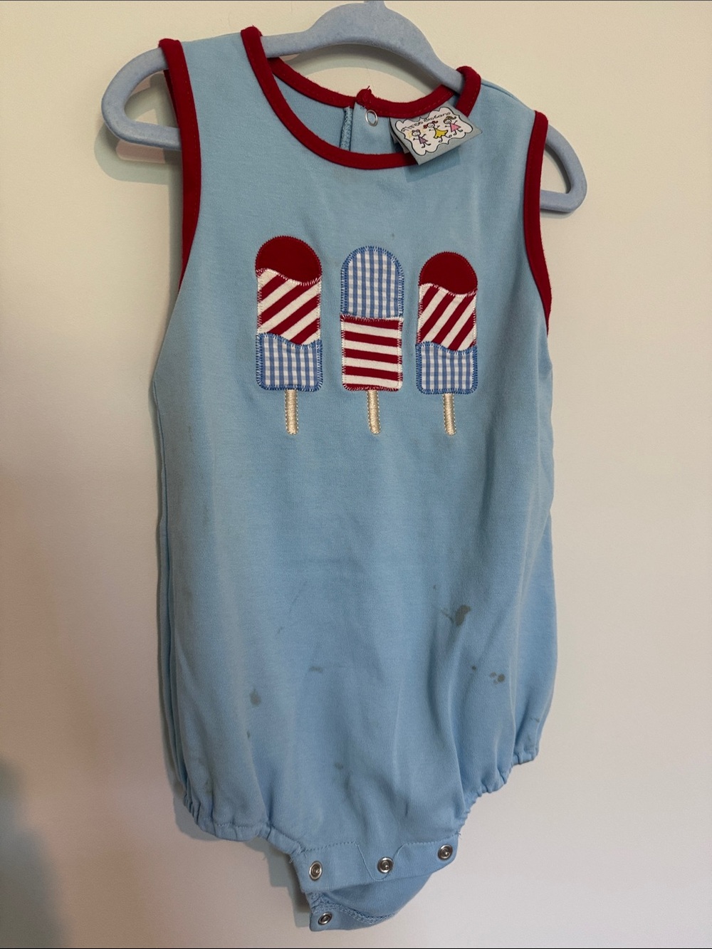 Three Sisters Kids Sleeveless Light Blue Romper American Flag Popsicle Bubble 3T